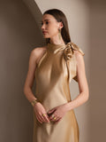 SilkSilky CA 19Momme Silk Sleeveless Tie Neck Dress Champagne 004