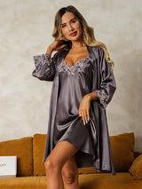 [Purple Gray] SilkSilky-CA 3/4 Sleeve V Neck Nightgown&Robe Set 001