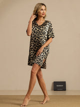 [Leopard] SilkSilky-CA Pure Silk Short Sleeve V Neck Nightgown 006
