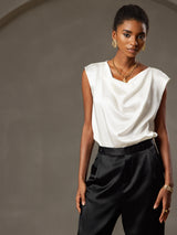 [White] SilkSilky-CA Cap Sleeve Cowl Neck Women's T-Shirt 005