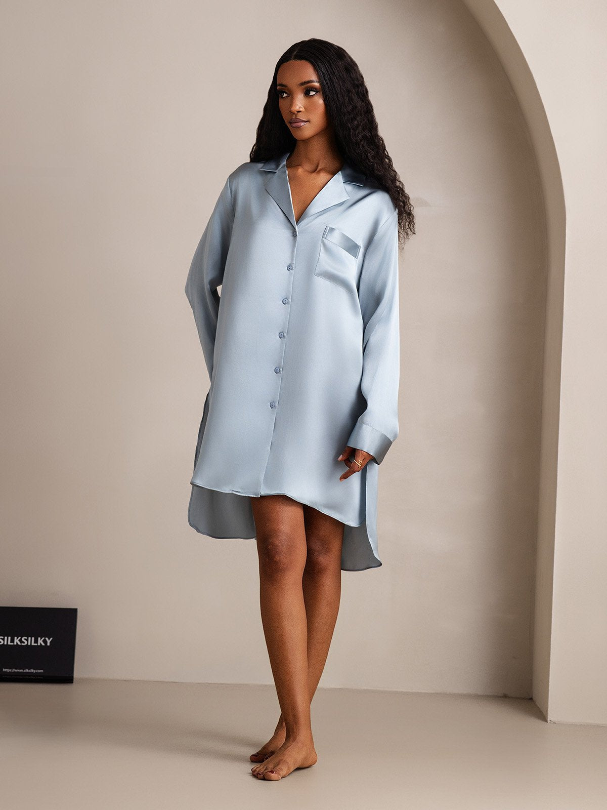 [GrayishBlue] SilkSilky-CA Pure Silk Split Nightgown 004