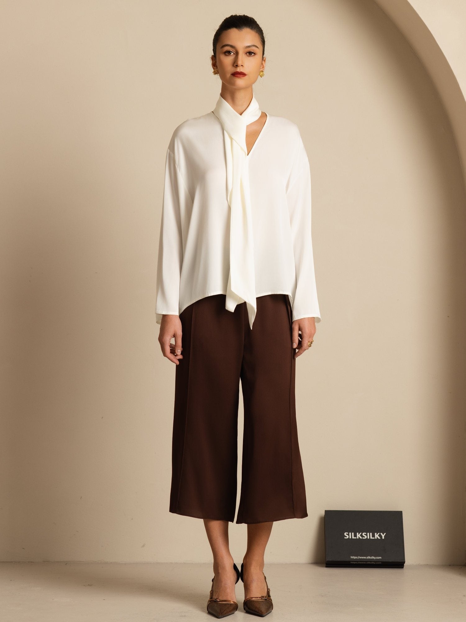 [White] SilkSilky-CA 19Momme Stretch Silk Double Georgette Long Sleeve V Neck Blouse 008