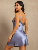 [Steel Blue] SilkSilky-CA Spaghetti Strap V Neck Nightgown 002