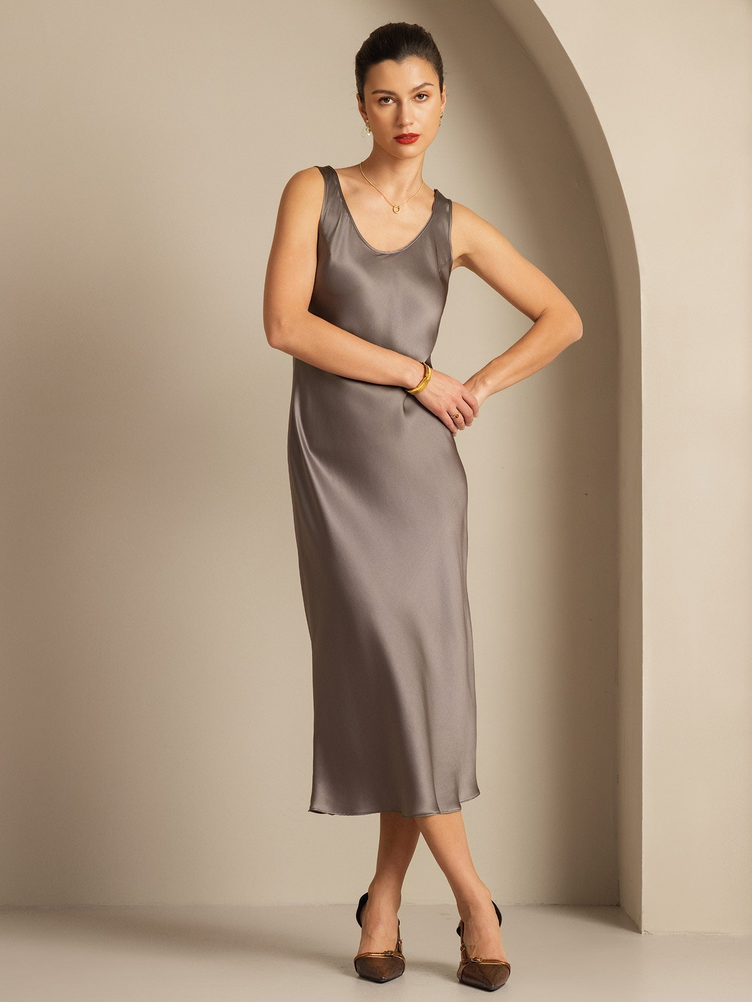 [Dark Khaki] SilkSilky-CA Pure Silk Boat Neck Dress 003,