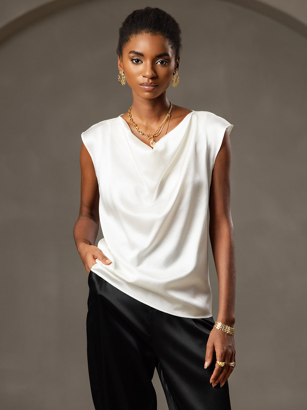 [White] SilkSilky-CA 19Momme Silk Cowl Neck Women's T-Shirt 004
