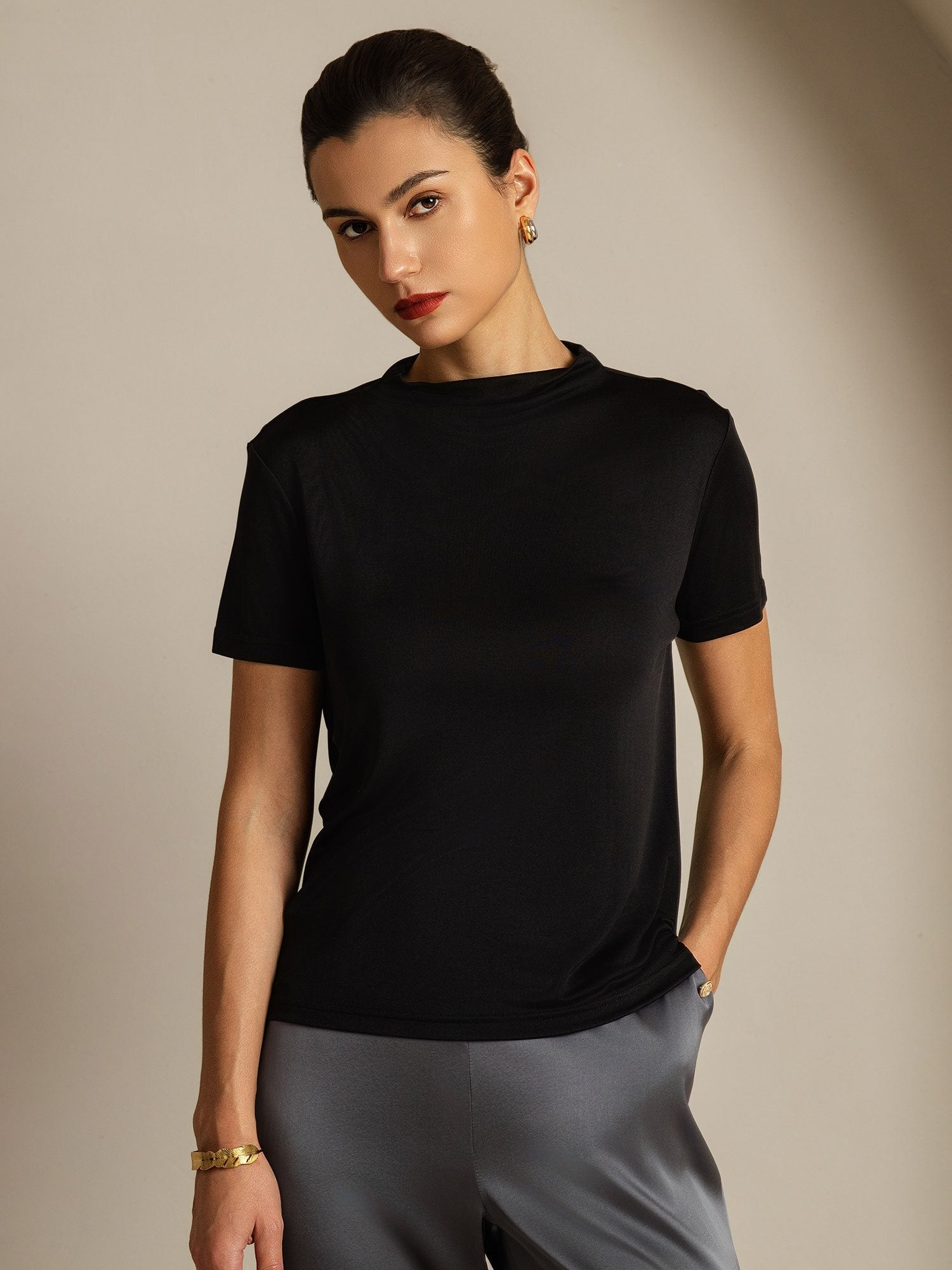 [Black] SilkSilky-CA Pure Silk Collar Women's T-Shirt 001