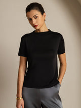 [Black] SilkSilky-CA 100% Silk Jersey Short Sleeve Mock Neck Women's T-Shirt 001