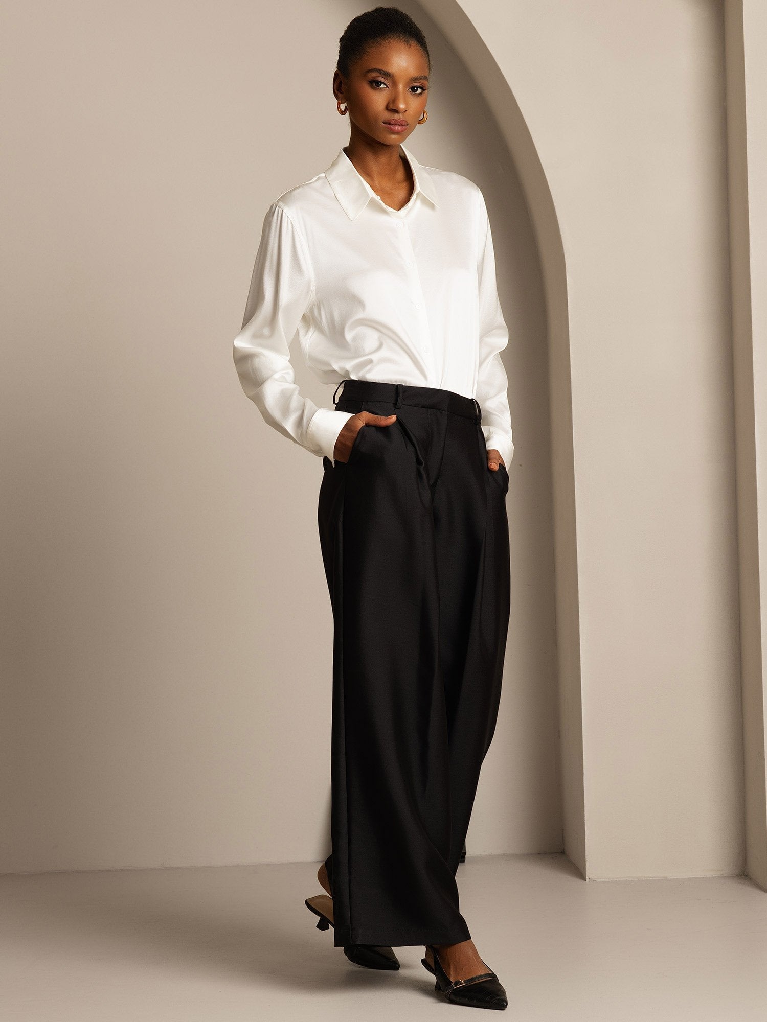 [Black] SilkSilky-CA 32Momme Silk-Wool Blend Womens Pants 006,