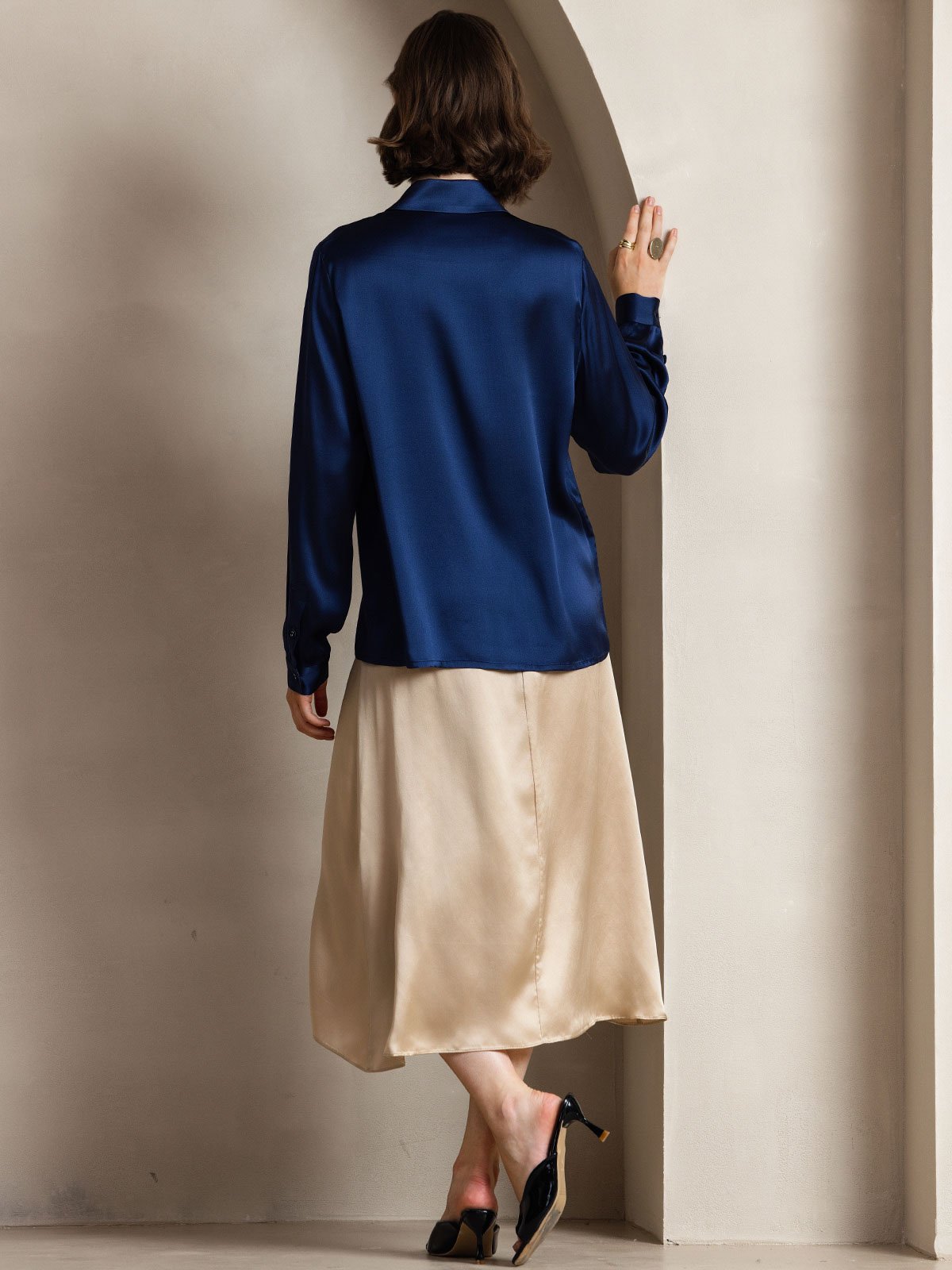 [Dark Blue] SilkSilky-CA 19Momme Silk Long Sleeve Lapel Collar Women's Shirt 002