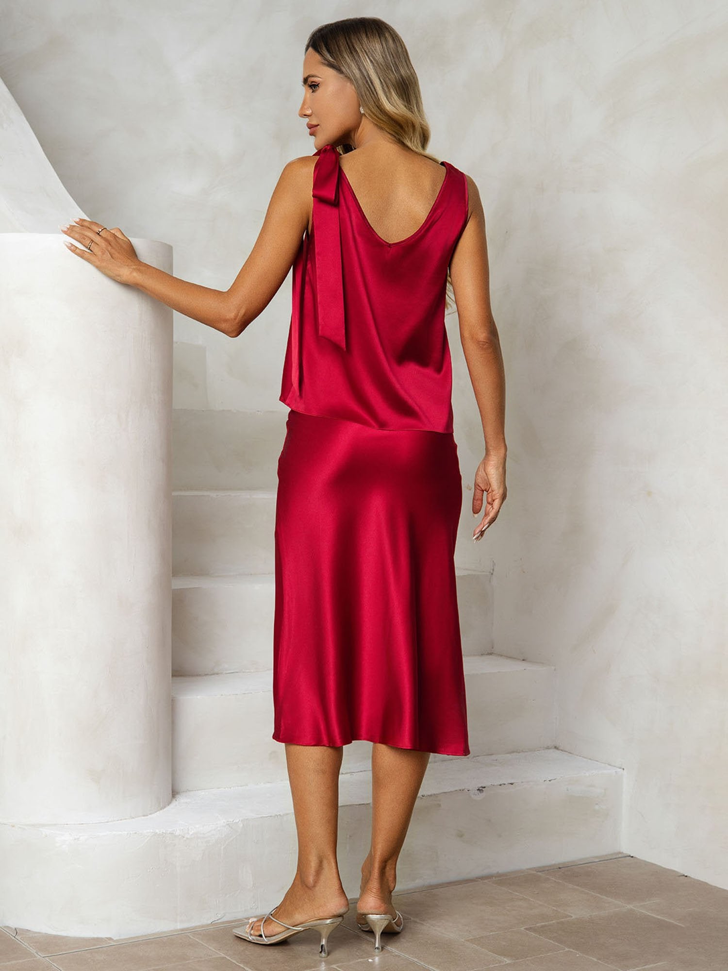 [Wine] SilkSilky-CA 19Momme Silk V Neck Women''s Outfit Sets 002
