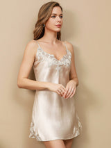 [Beige] SilkSilky-CA Spaghetti Strap V Neck Nightgown 003