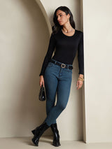[Black] SilkSilky-CA Silk Jersey Long Sleeve Round Neck Women's T-Shirt 005