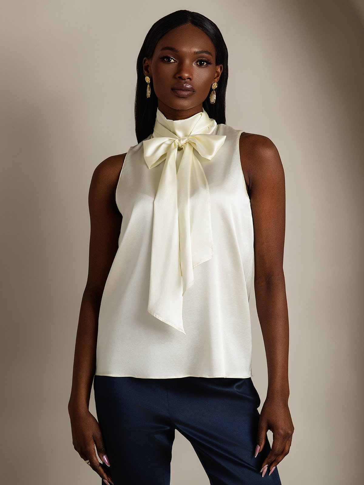 SilkSilky-CA 19Momme Silk Tie Neck Women's Shirt Ivory 001
