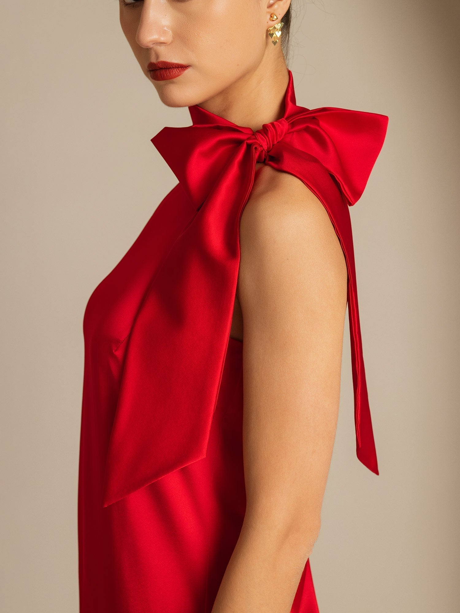 [Red] SilkSilky-CA 19Momme Silk Tie Neck Dress 004,