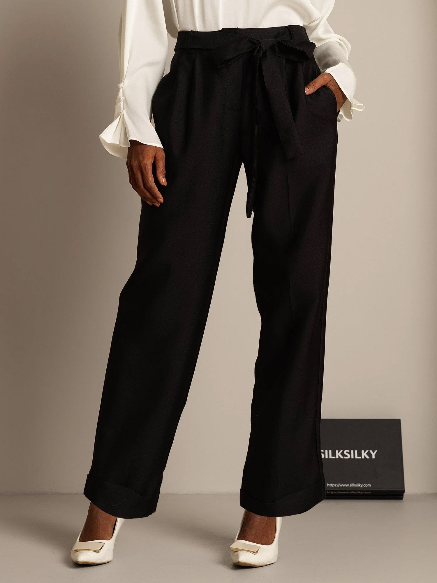 [Black] SilkSilky-CA 32Momme Silk-Wool Blend Womens Pants 006,