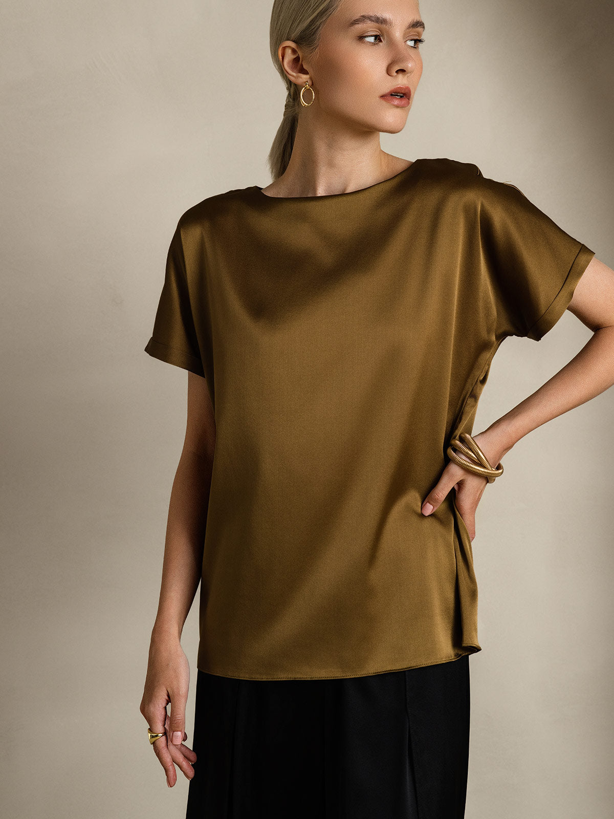 [Brown] SilkSilky-CA 19Momme Silk Round Neck Women's T-Shirt 005,