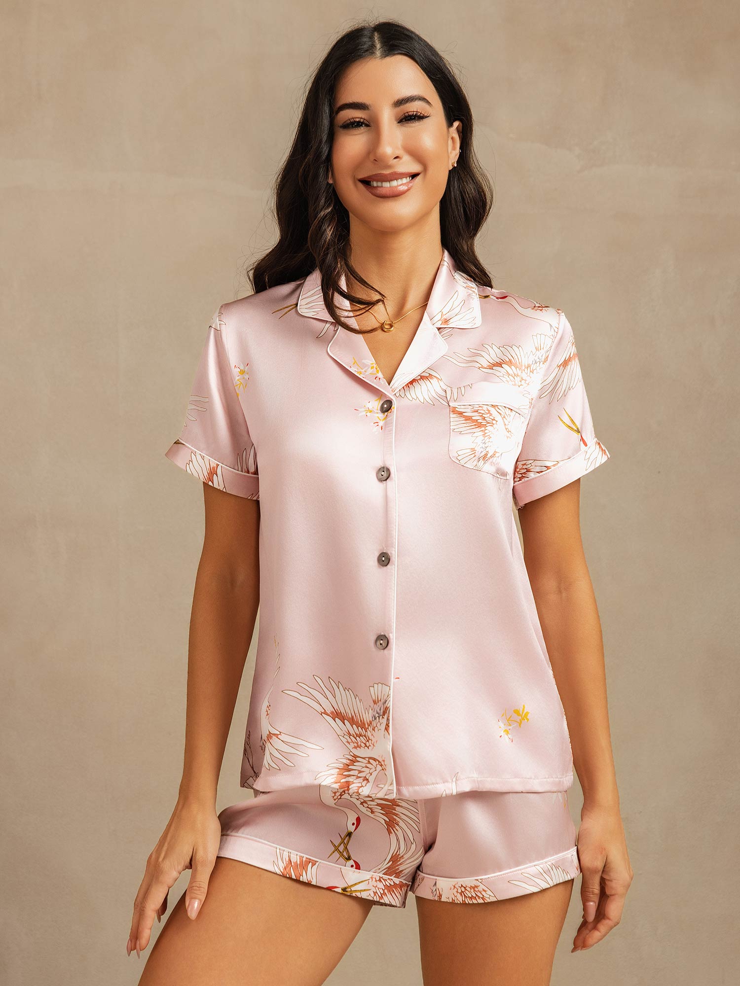 [Pink] SilkSilky-CA 19Momme Short Sleeve Notch Collar Women's Pajamas 001