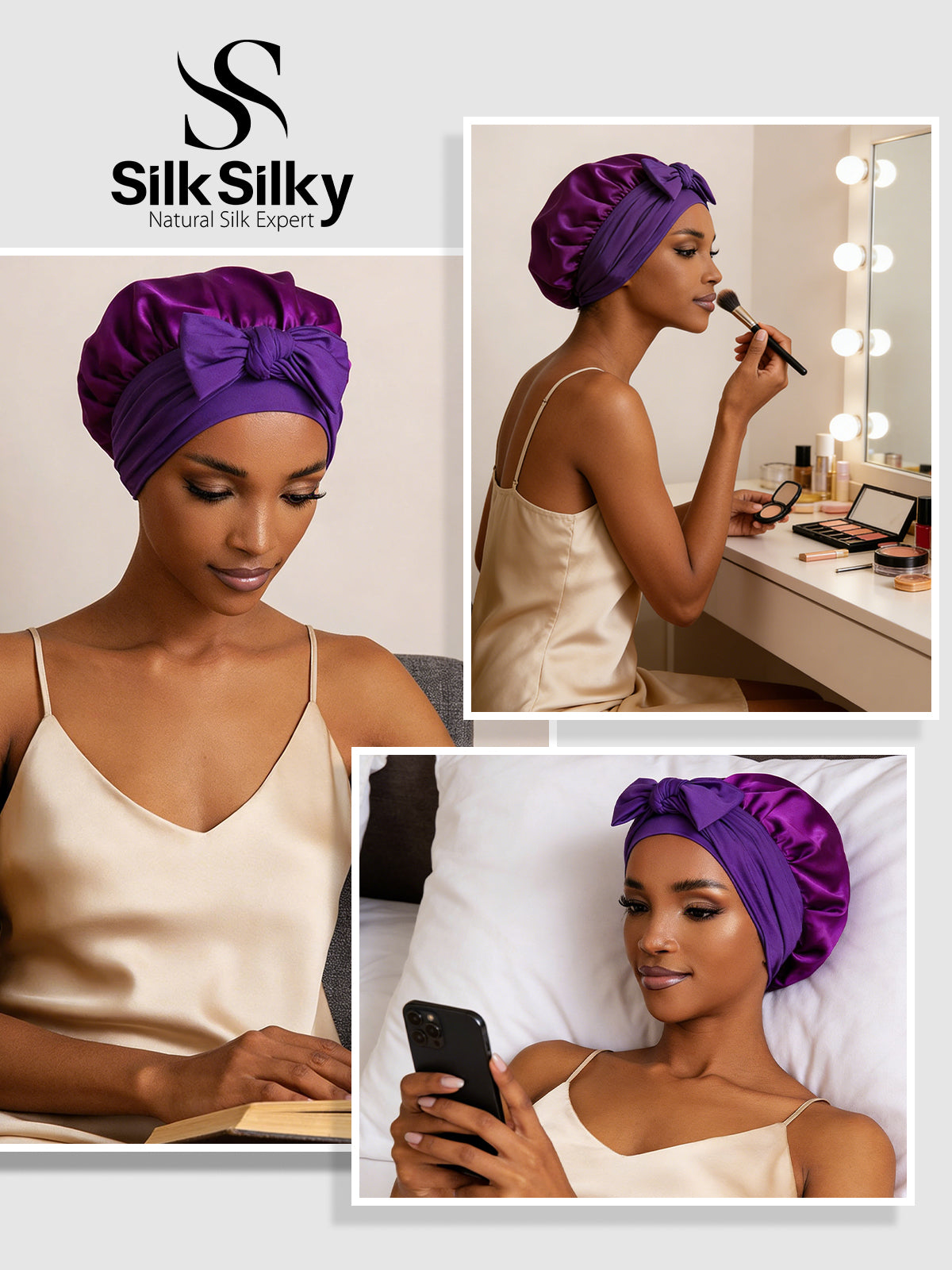 [Purple] SilkSilky-CA Pure Silk Sleep Cap 005