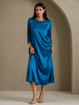 [Teal] SilkSilky-CA 3/4 Sleeve Round Neck Dress 007