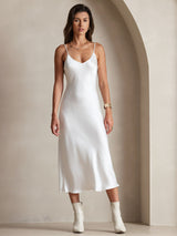 [White] SilkSilky-CA Spaghetti Strap V Neck Dress 004