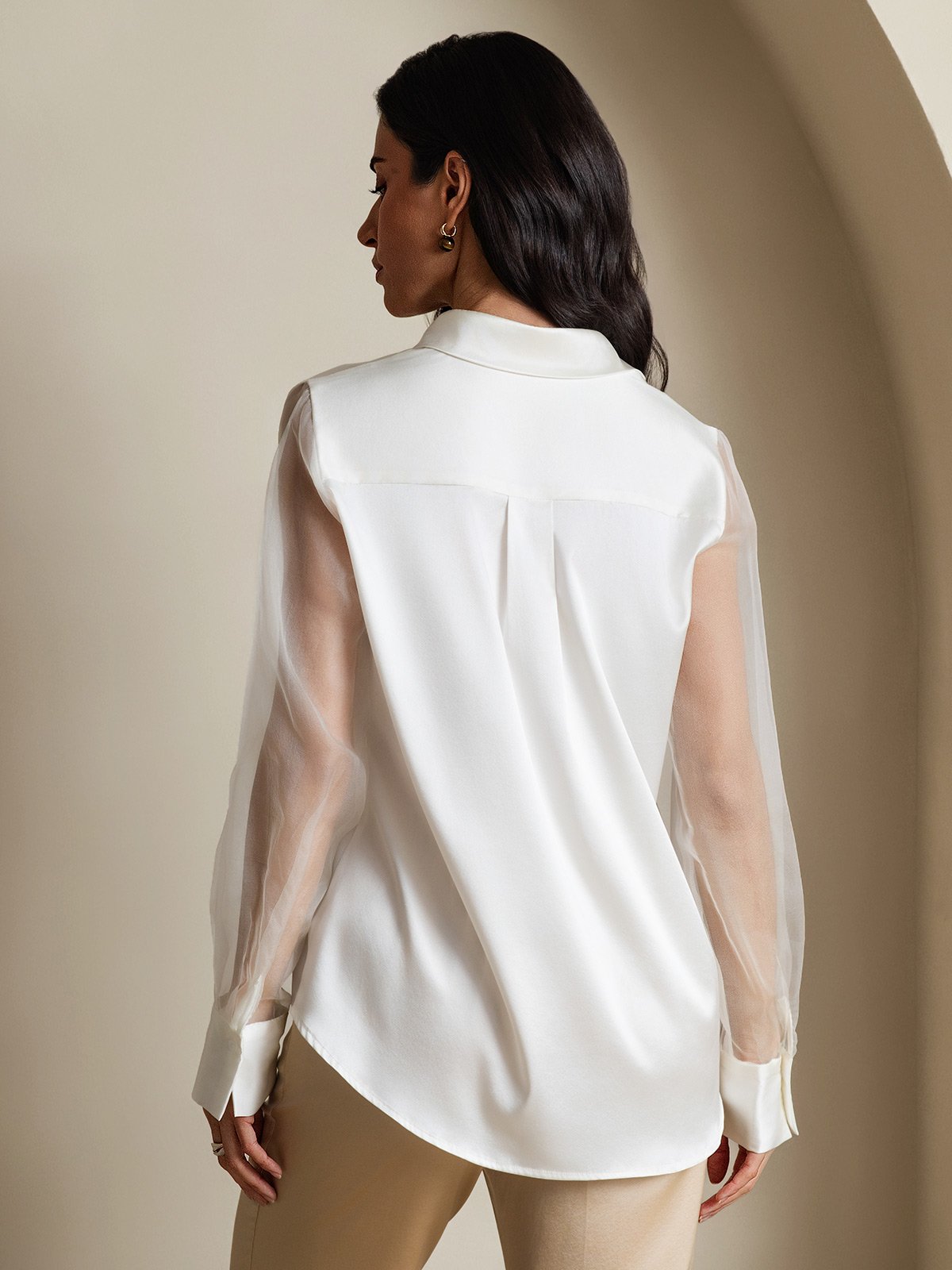 [White] SilkSilky-CA 19Momme Silk Lapel Collar Women's Shirt 002