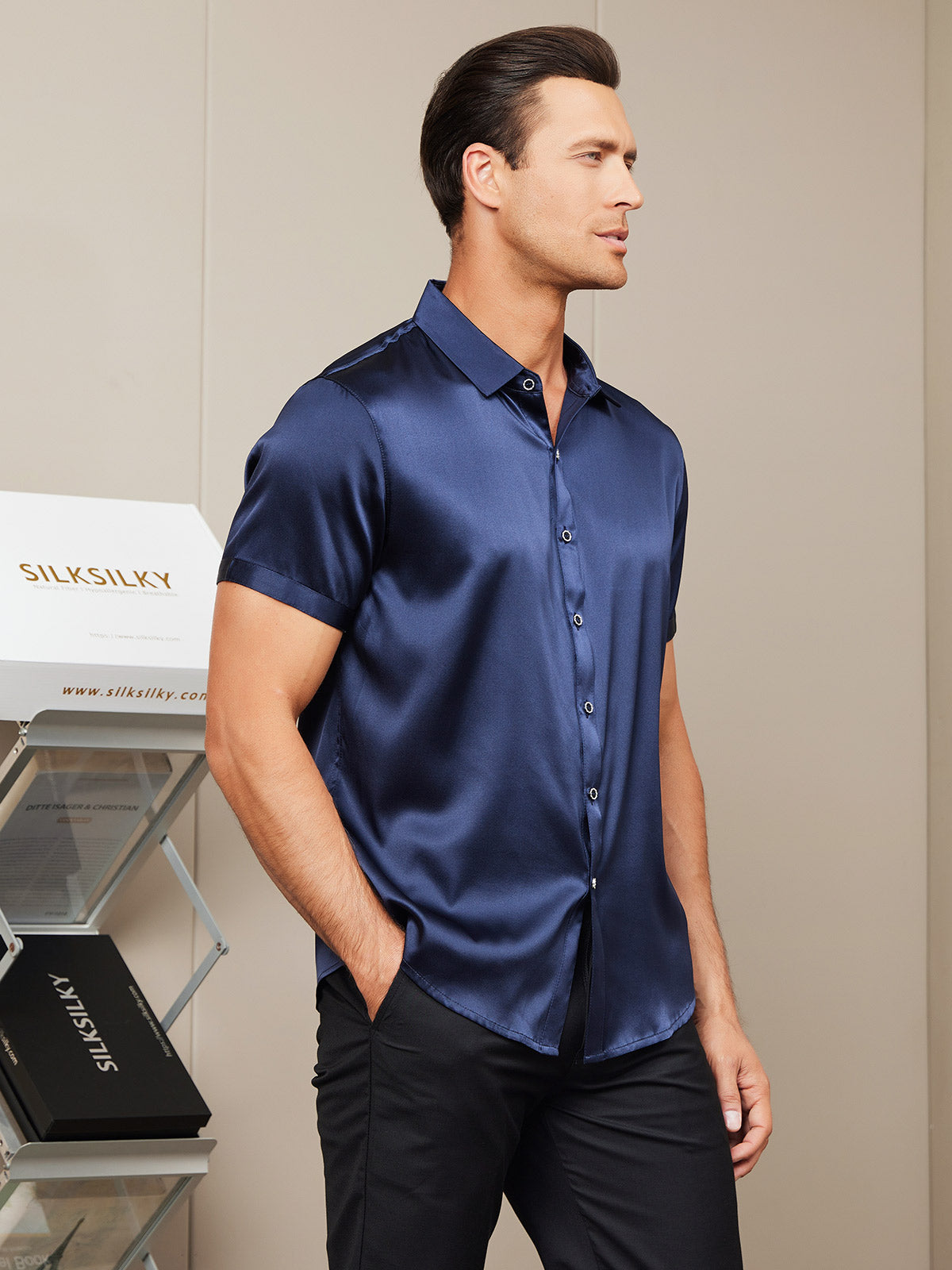 SilkSilky CA Silk Short Sleeve Collar Men's Shirt DarkBlue 003