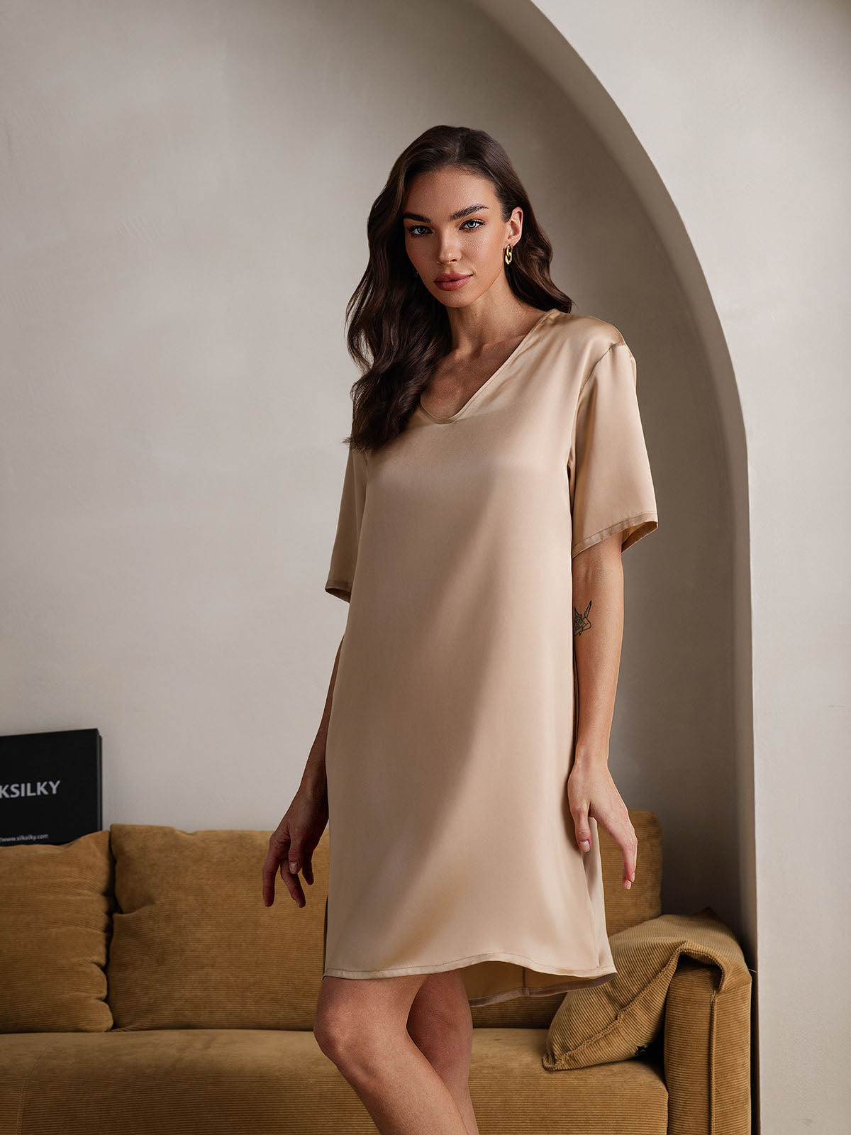 [Champagne] SilkSilky-CA Pure Silk V Neck Nightgown 005