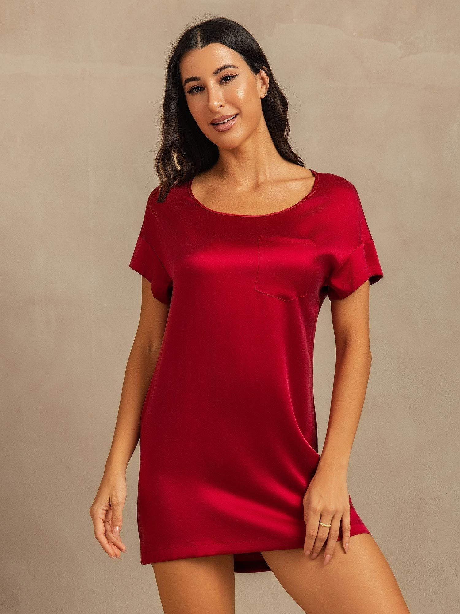 [Wine] SilkSilky-CA 19Momme Silk Round Neck Nightgown 001