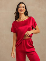 [Wine] SilkSilky-CA 19Momme Machine-Washable Silk Short Sleeve Women's Pajamas 008