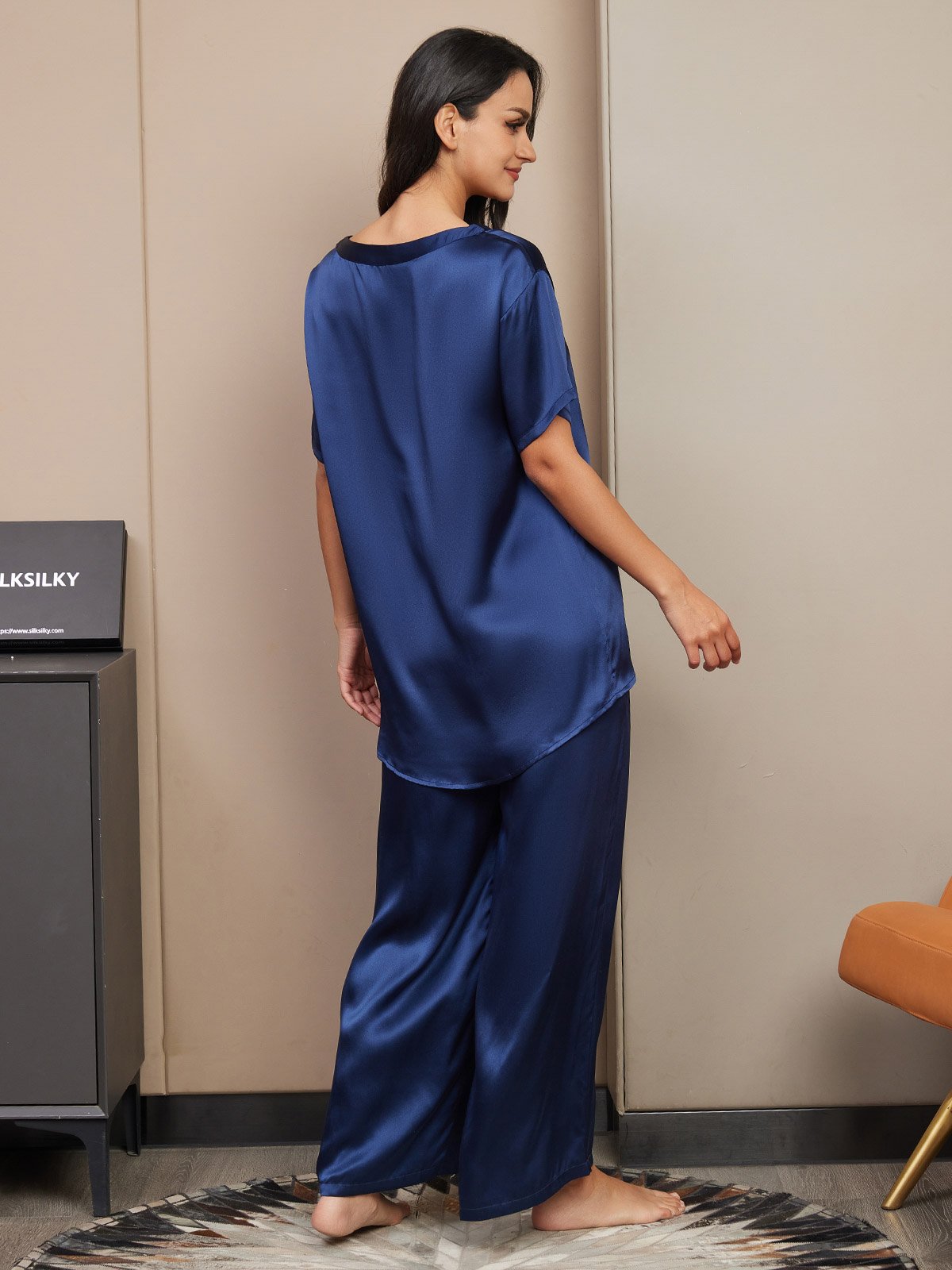 [Dark Blue] SilkSilky-CA Pure Silk Short Sleeve Womens Pajamas 002