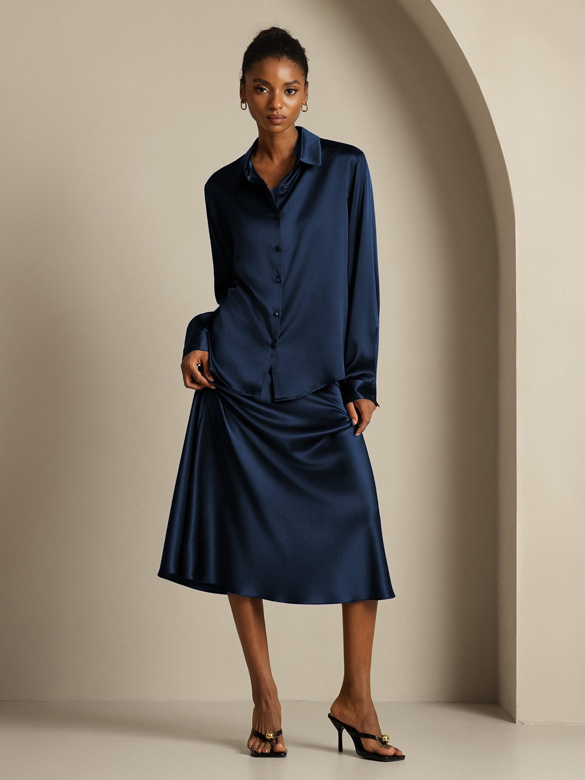 [Dark Blue] SilkSilky-CA 19Momme Silk Knitted Lapel Collar Women''s Outfit Sets 007,