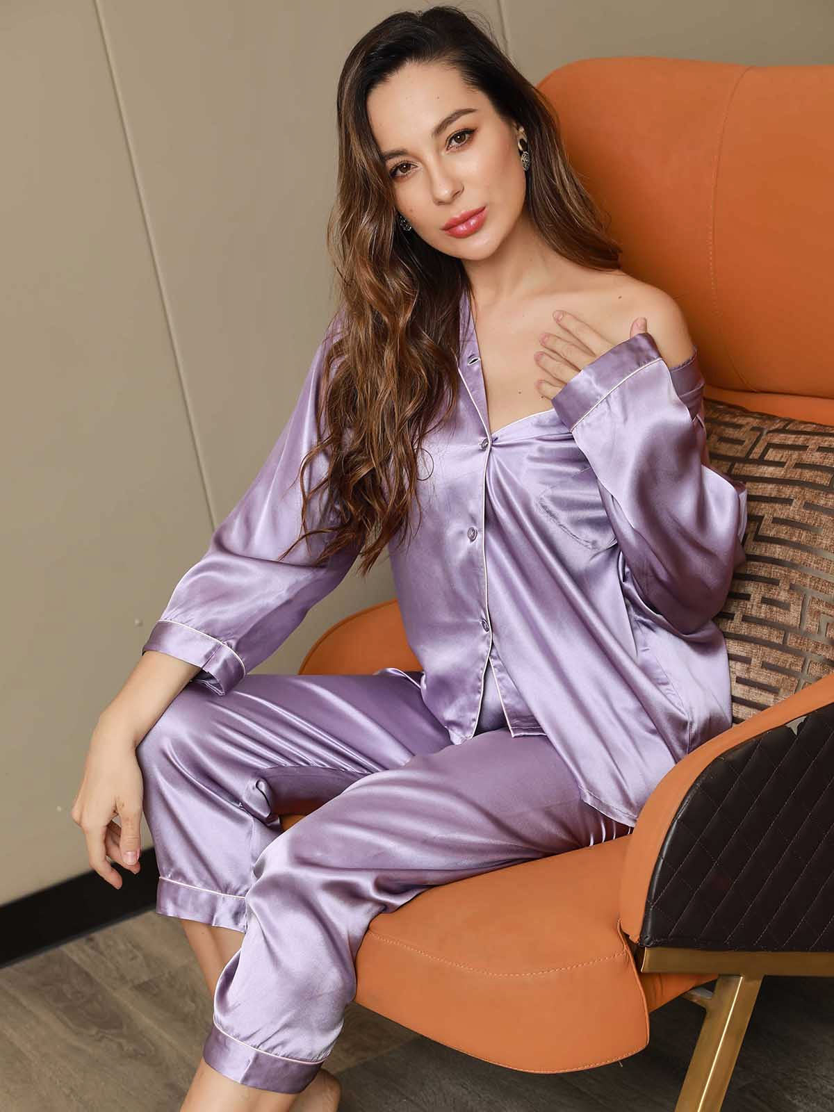 SilkSilky CA Pure Silk Long Sleeve Lapel Women's Pajamas Lavender 001