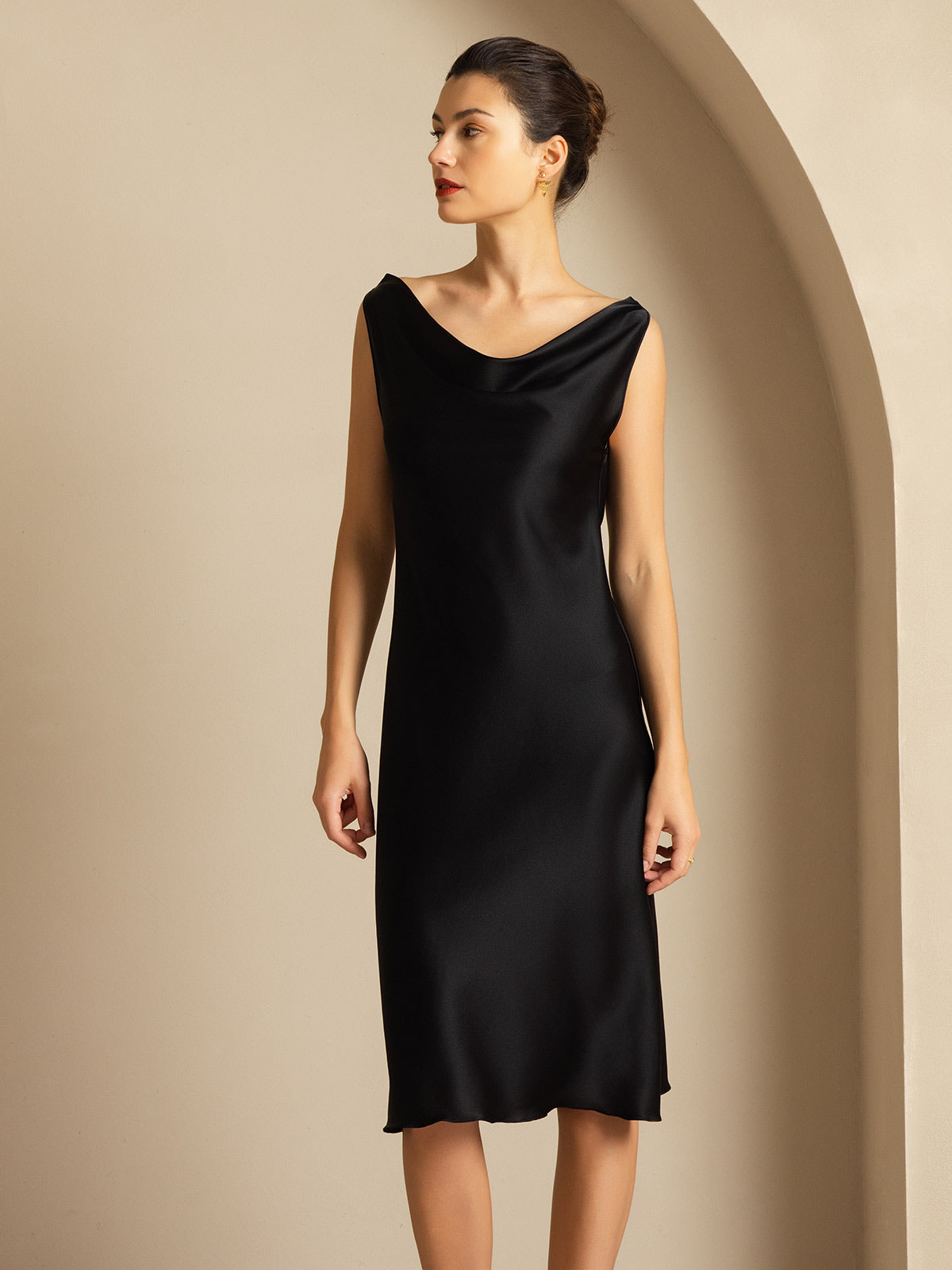 [Black] SilkSilky-CA 19Momme Silk Cowl Neck Dress 007