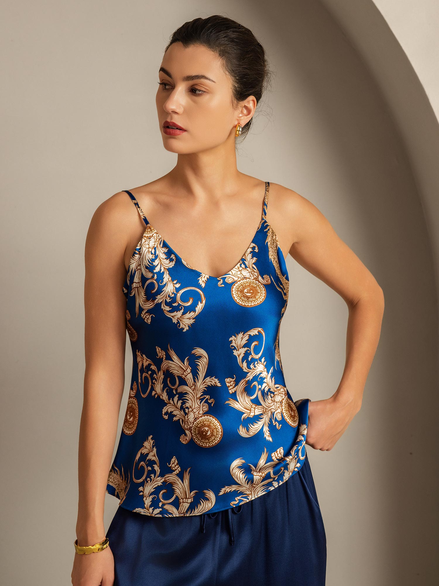 [Navy Dragon] SilkSilky-CA Pure Silk V Neck Camisole 001,