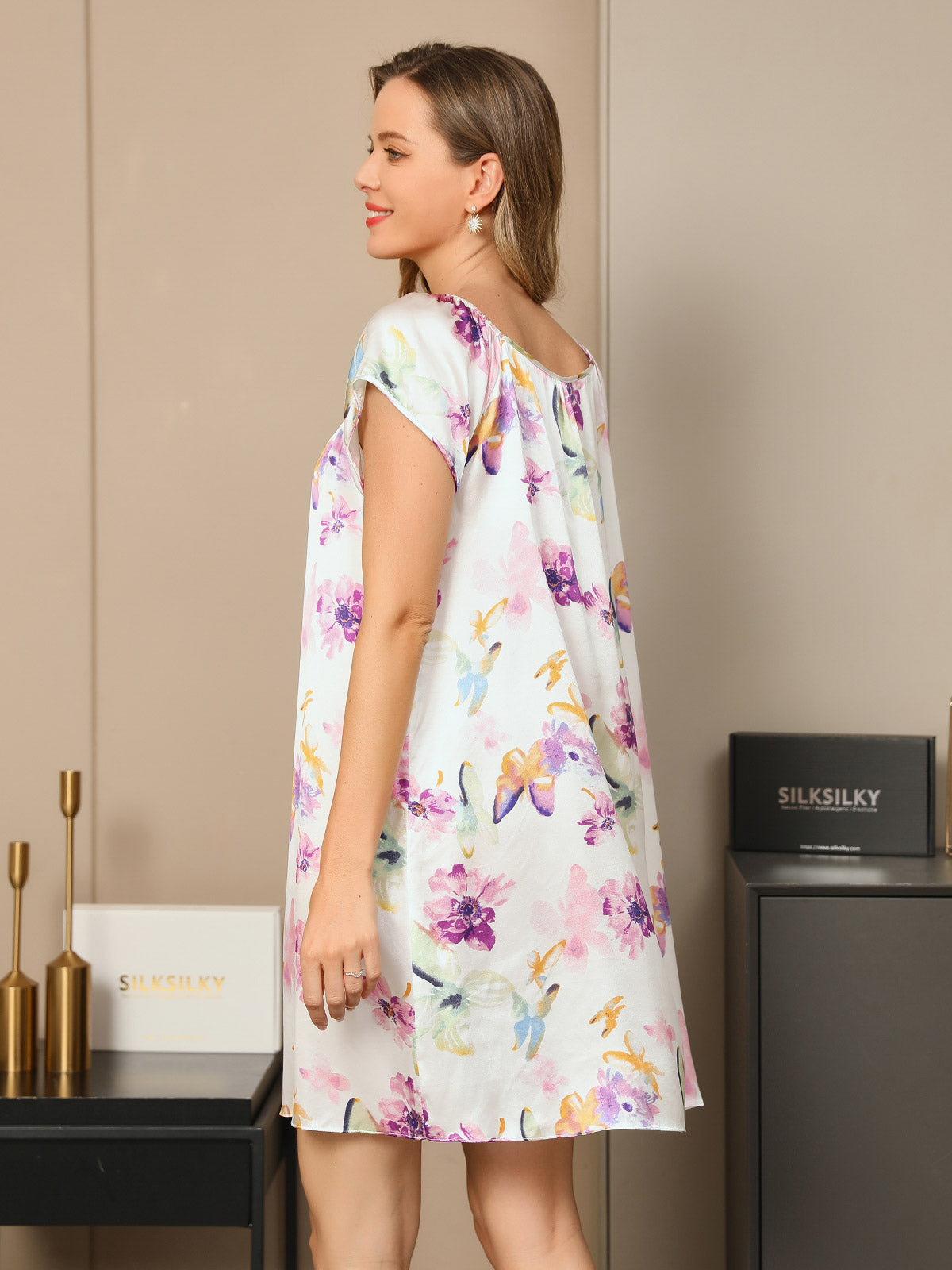 [Lavender] SilkSilky-CA Pure Silk Cap Sleeve Tie Neck Nightgown 002