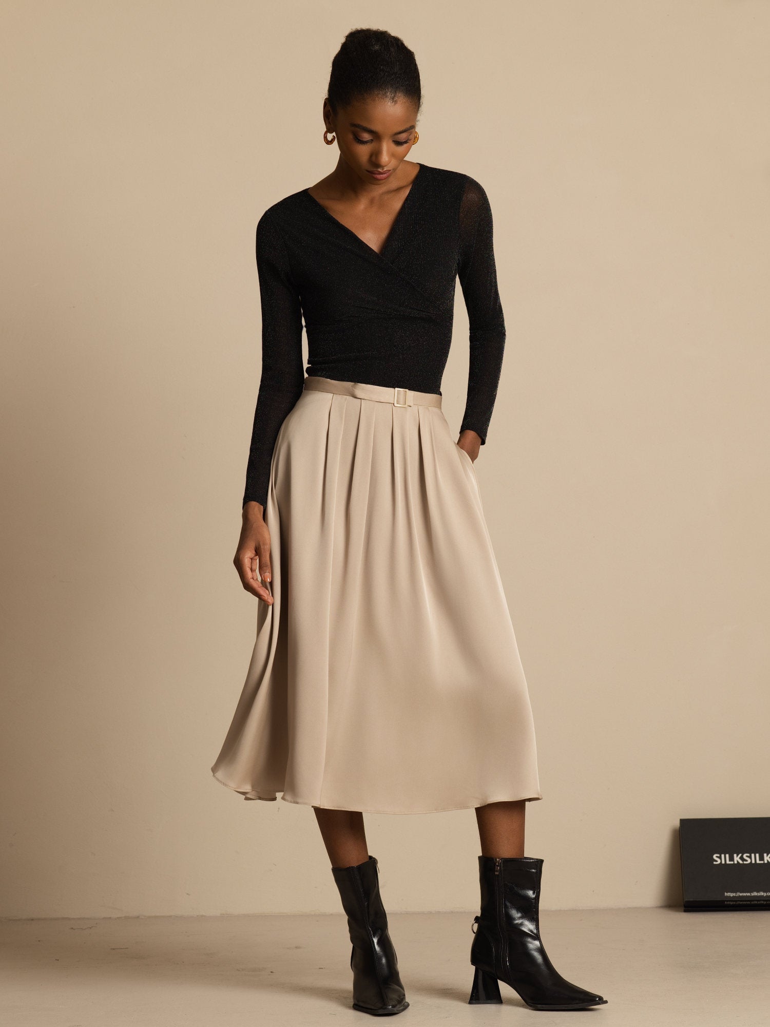 [Tan] SilkSilky-CA 19Momme Stretch Silk Double Georgette Skirt 006