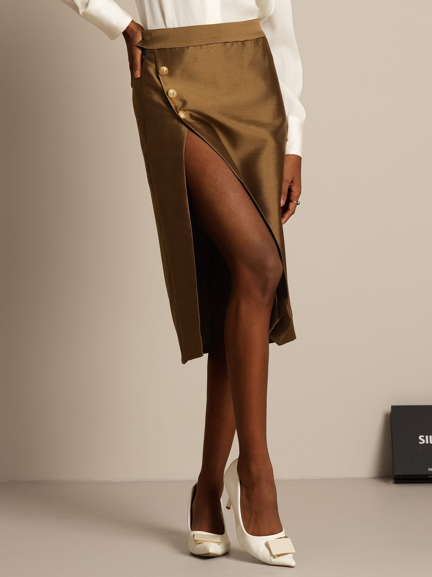 [Bronze] SilkSilky-CA 32Momme Silk-Wool Blend Split Skirt 005,