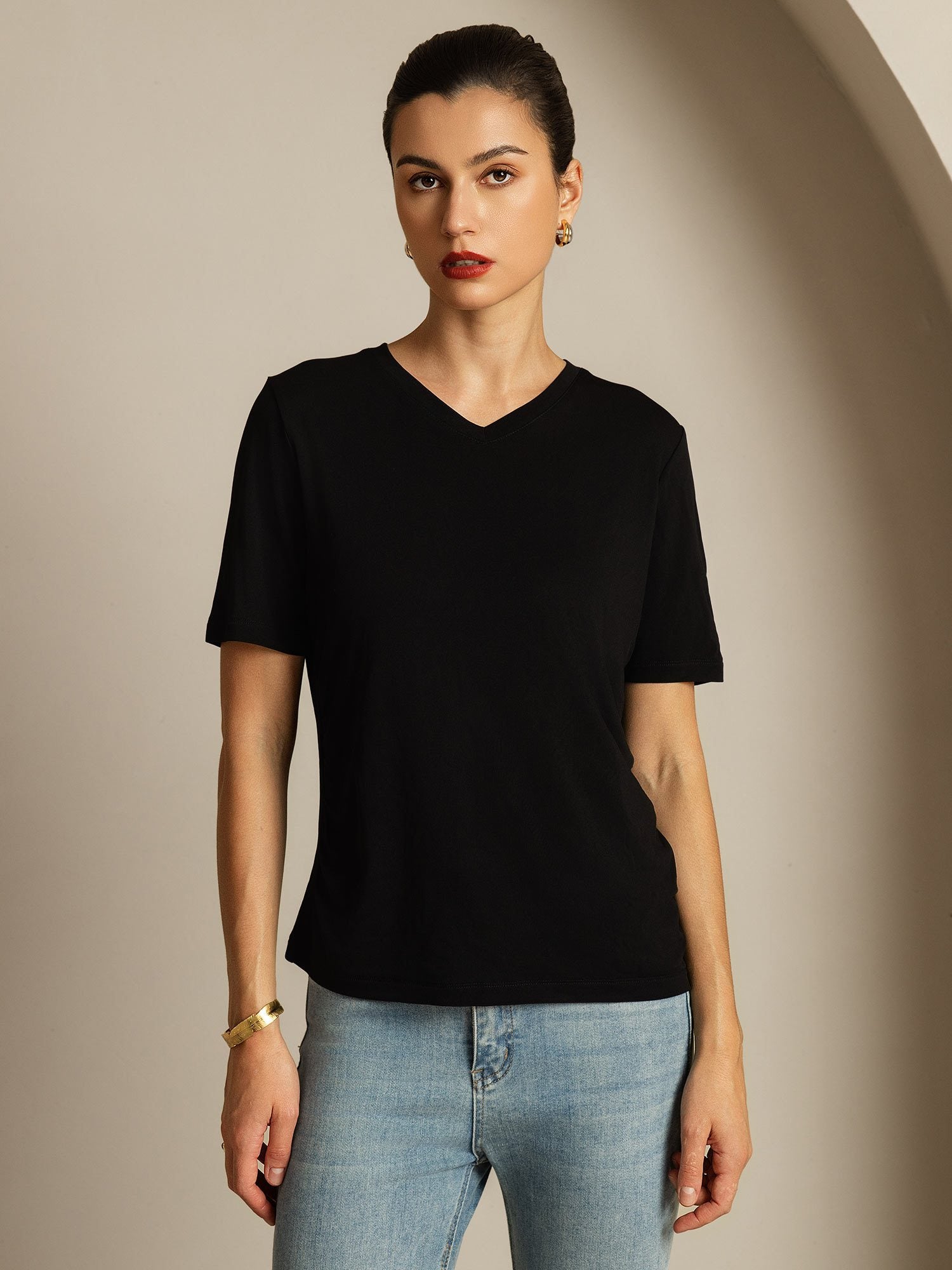 [Black] SilkSilky-CA Pure Silk V Neck Women's T-Shirt 005