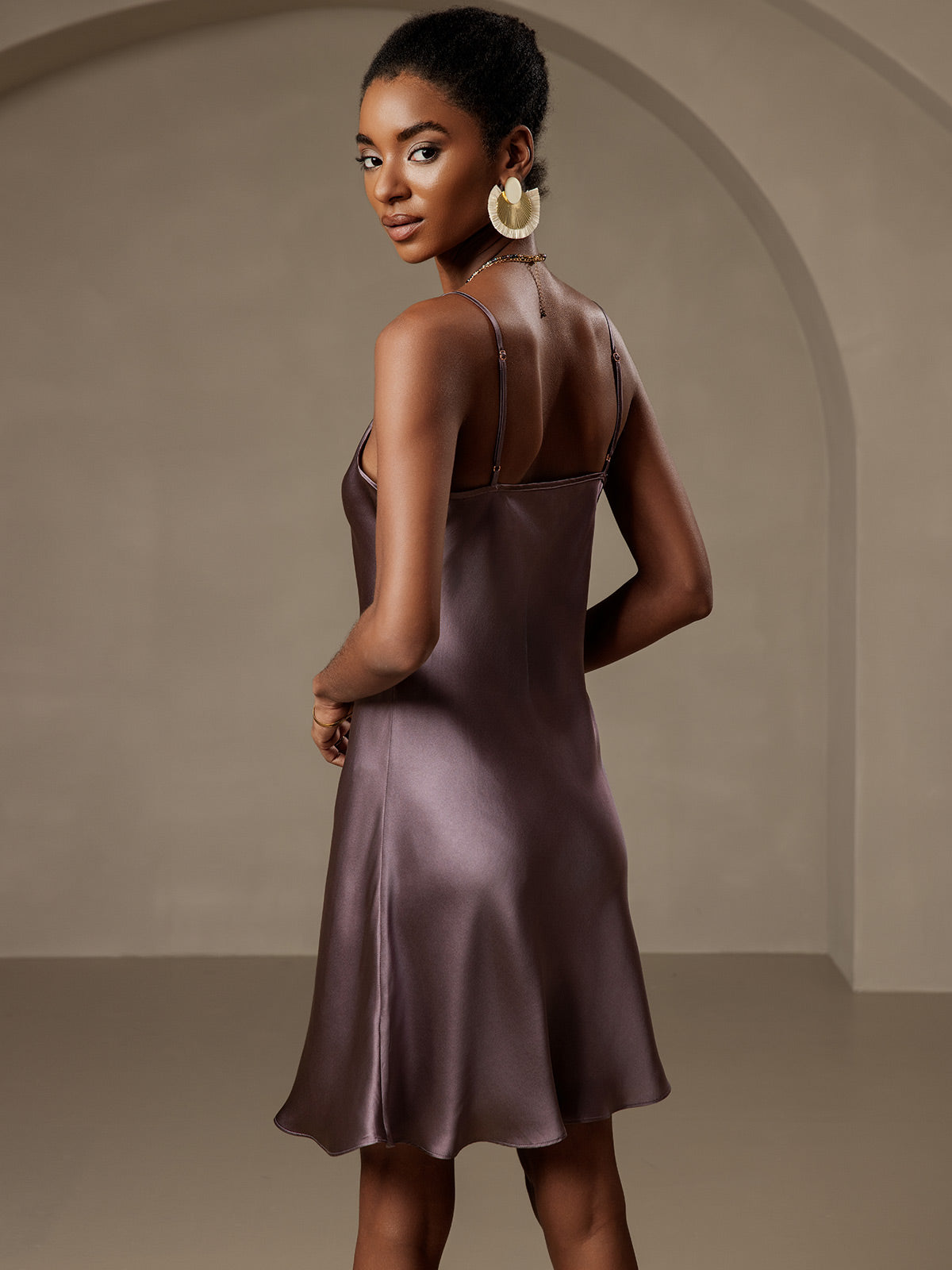 [Purple Gray] SilkSilky-CA Pure Silk V Neck Dress 002