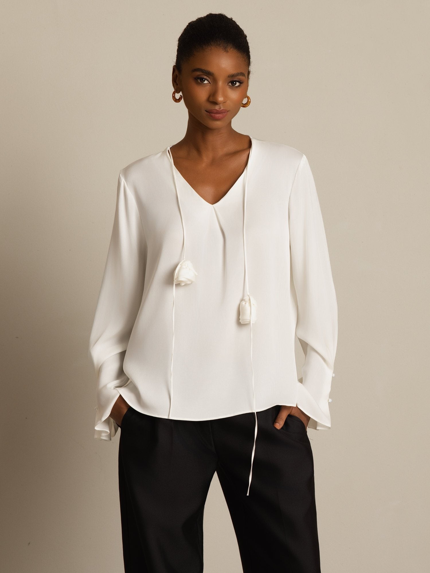 [White] SilkSilky-CA 19Momme Stretch Silk Double Georgette Long Sleeve V Neck Blouse 003