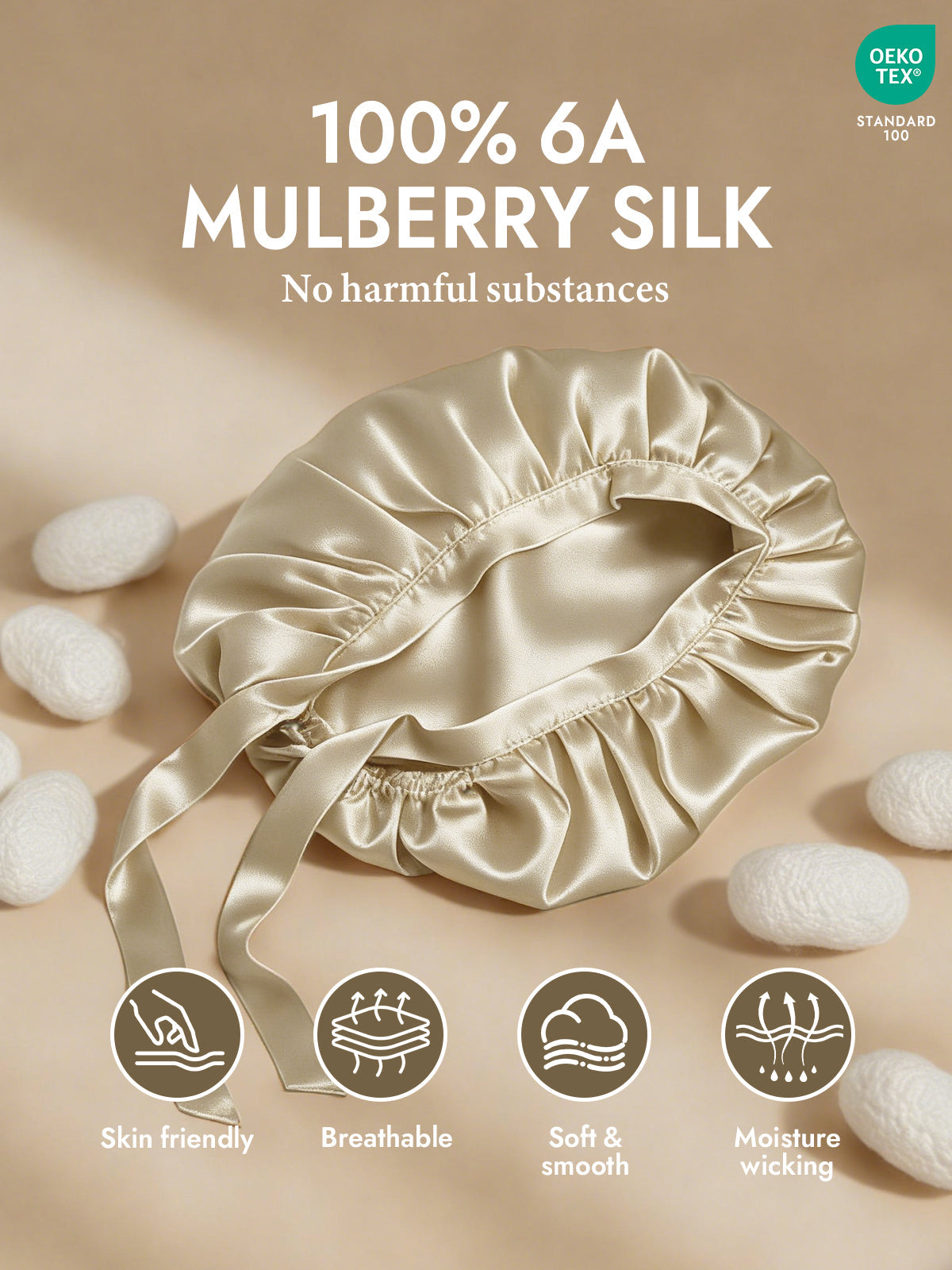 [Beige] SilkSilky-CA Pure Silk Sleep Cap 002