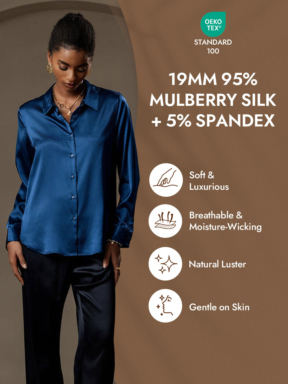 [Teal] SilkSilky-CA Silk Long Sleeve Lapel Collar Women's Shirt 004