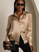 [Floral] SilkSilky-CA 19Momme Stretch Silk Charmeuse Long Sleeve Lapel Collar Women's Shirt 003