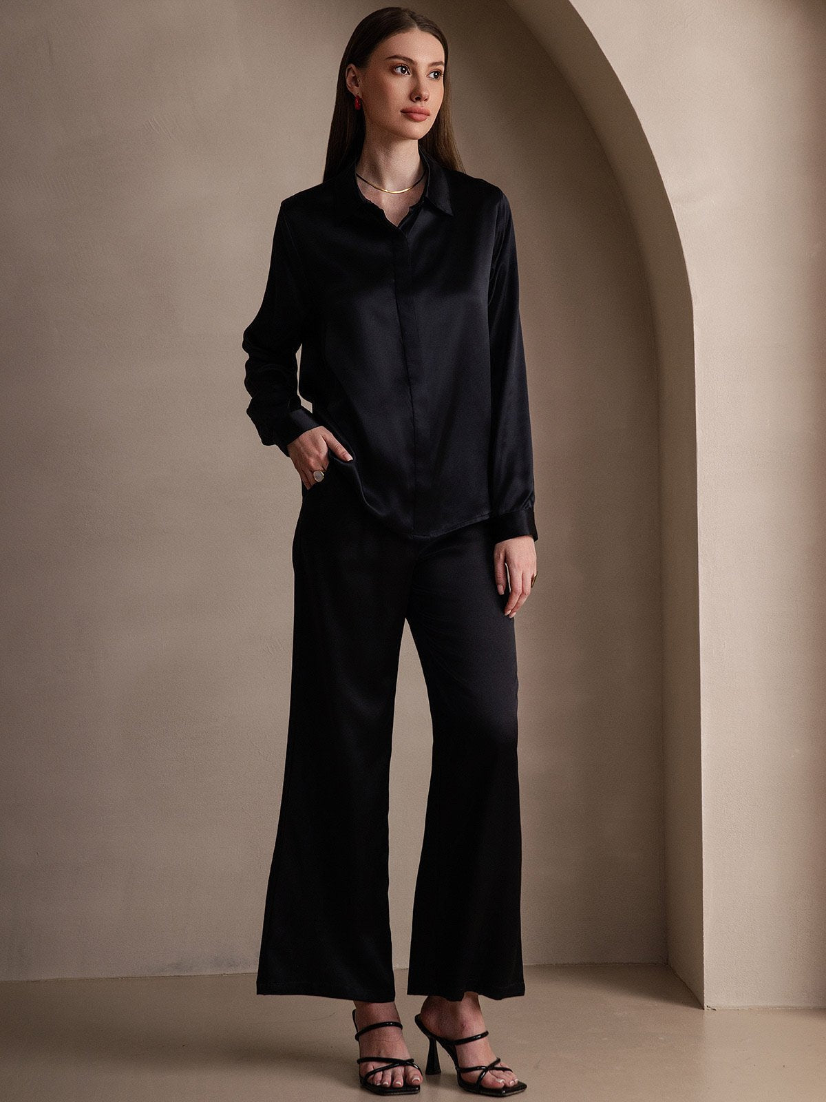 [Black] SilkSilky-CA 19Momme Silk Long Sleeve Lapel Collar Women's Shirt 006