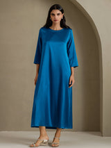 [Teal] SilkSilky-CA 3/4 Sleeve Round Neck Dress 005