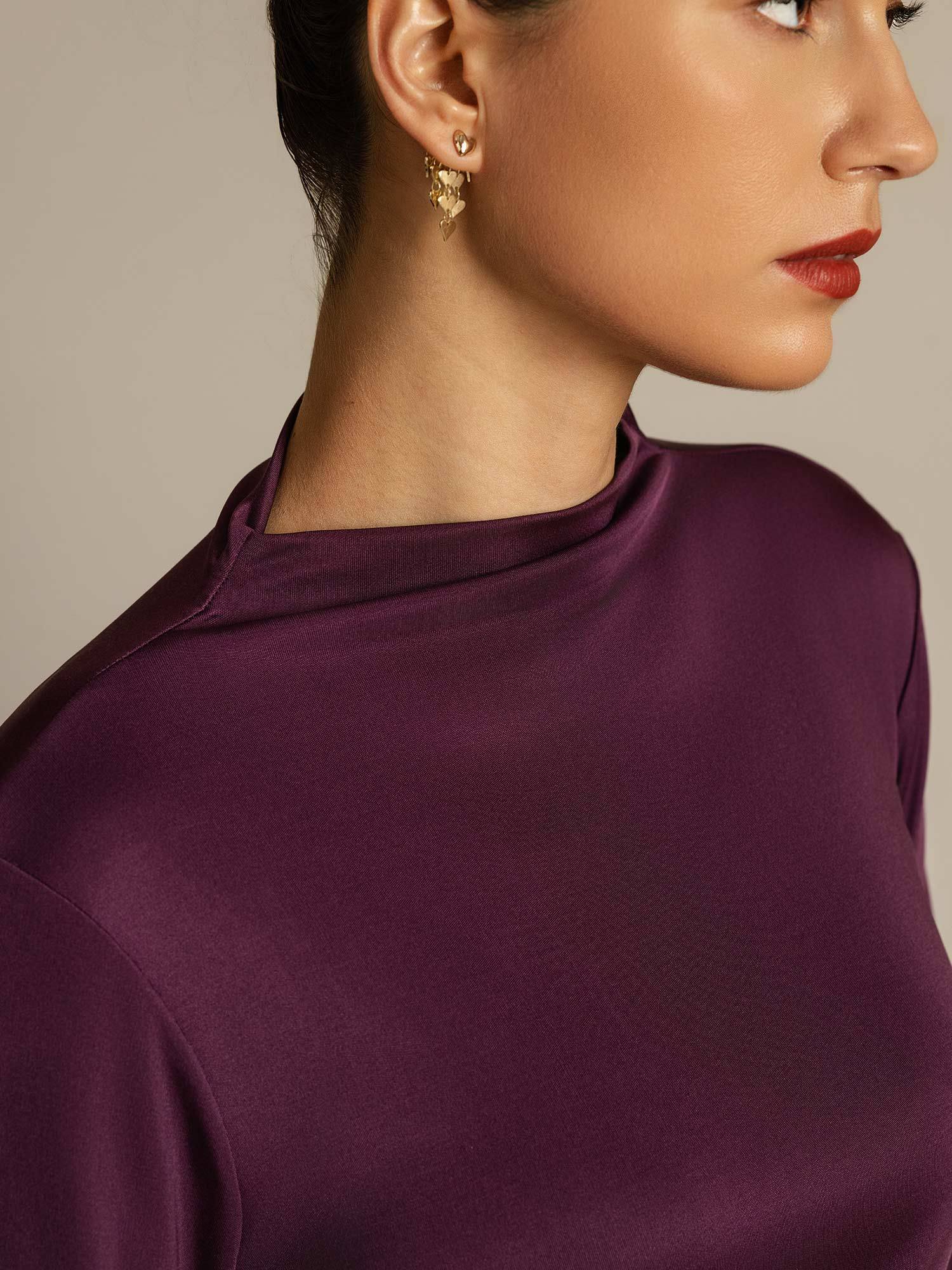 [Purple] SilkSilky-CA Pure Silk High Neck Women's T-Shirt 004