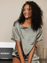 [Grayish Green] SilkSilky-CA Short Sleeve Round Neck Women's Pajamas 005