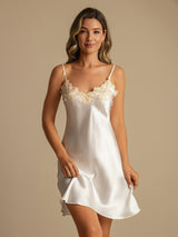 [White] SilkSilky-CA Spaghetti Strap V Neck Nightgown 001