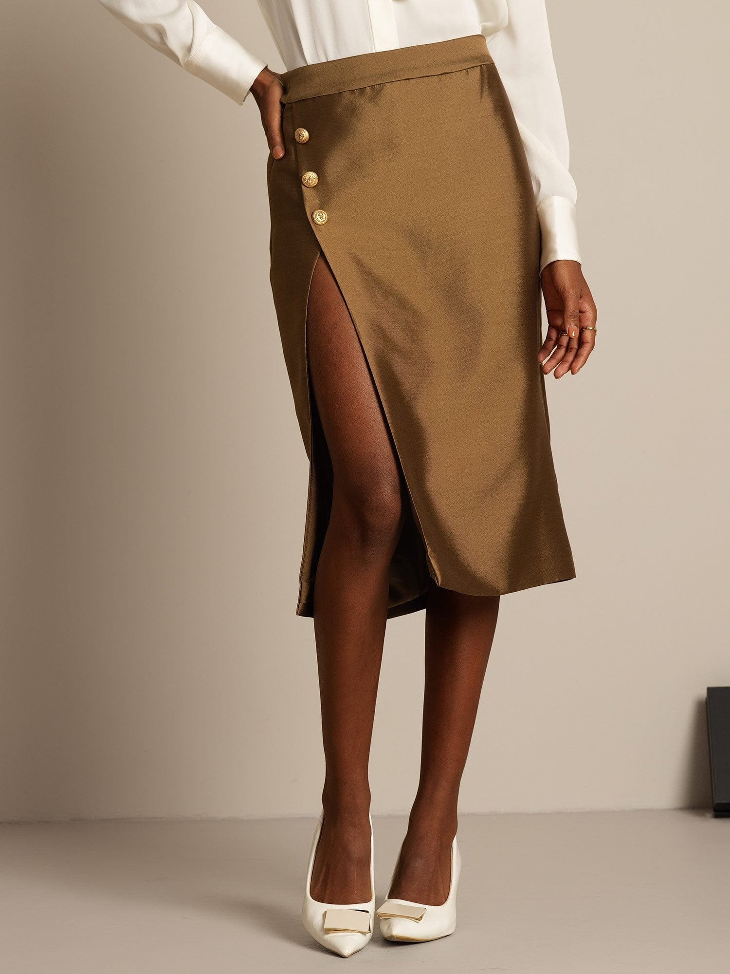 [Bronze] SilkSilky-CA 32Momme Silk-Wool Blend Split Skirt 003,
