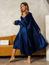 [Dark Blue] SilkSilky-CA Long Sleeve V Neck Nightgown&Robe Set 002
